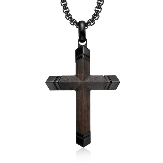 Wooden Cross Necklace for Men-Hawaiian Real Handmade Ebony Wood Cross Pendant Necklace Stainless Steel Chain, Mens Brown Cross Necklaces Koa Wood Jewelry Christian Baptism Crucifix Pendant for Men