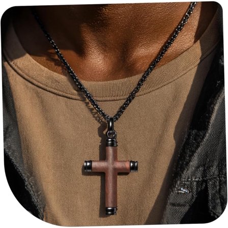 Wooden Cross Necklace for Men, Real Handmade Ebony Cross Pendants, Black Mens Cross Necklaces Christian Baptism Crucifix Pendant for Men, 24 Inch Stainless Steel Box Chain