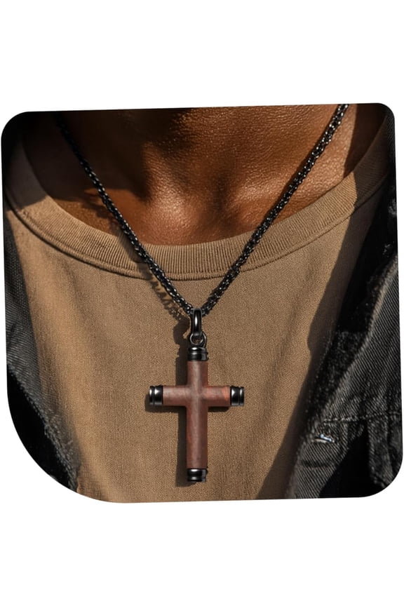 Wooden Cross Necklace for Men, Real Handmade Ebony Cross Pendants, Black Mens Cross Necklaces Christian Baptism Crucifix Pendant for Men, 24 Inch Stainless Steel Box Chain