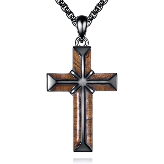 Wooden Cross Necklace for Men 925 Sterling Silver Black Wood Cross Pendant Necklace Religious Christian Jewellery Gifts for Men