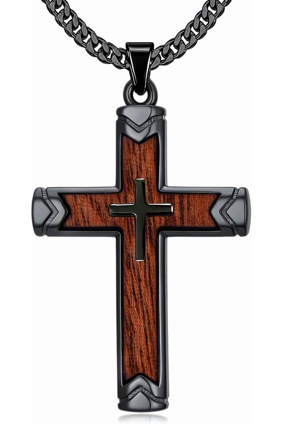 Wooden Cross Necklace for Men, 925 Sterling Silver Wood Cross Pendant Necklaces, Religious Protection Christian Jewelry Gifts for Men Women
