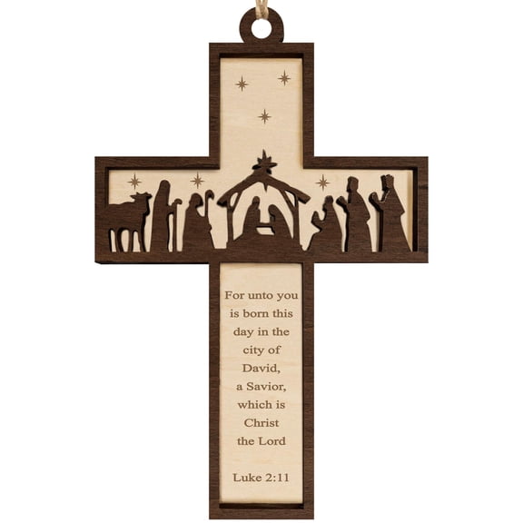 Wooden Cross Ornament for Christmas Tree with Holy Scripture Luke 2:11, Nativity Scene Cross Christmas Ornament, Jesus Decoration, A Tradition Story Religious Gifts for Family, Christian