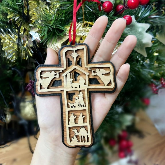 Wooden Cross Ornament for Christmas Tree Handcrafted Religious Wood Pendant, Rustic Hanging Decoration for Home Office or Church Holiday Display