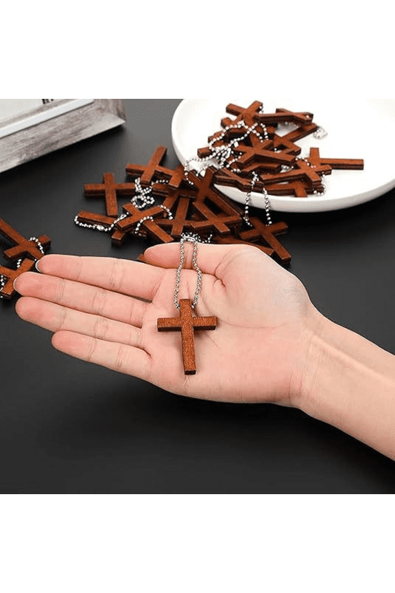 Wooden Cross Pendants with Chains Set, Christian Easter Gifts, Church Activity Supplies, Holiday Party Favors, DIY Jewelry Keychains,Brown(50pcs)