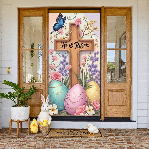 Wooden Cross Resurrection Banner Floral Decor He is Risen Backdrop Blue Butterfly Decorative Eggs Christian Background for Easter Sunday Church Service Religious Gathering