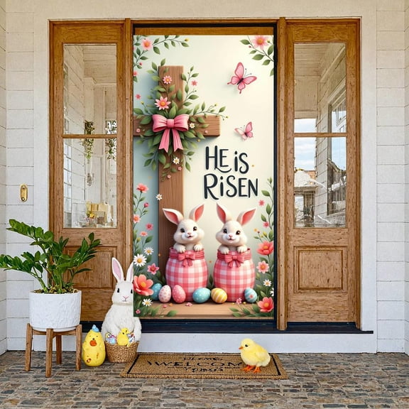 Wooden Cross Resurrection Banner Pink Bow Easter Display Green Leaves Pink Flowers Cross Backdrop for Easter Celebration Resurrection Sunday Church Event