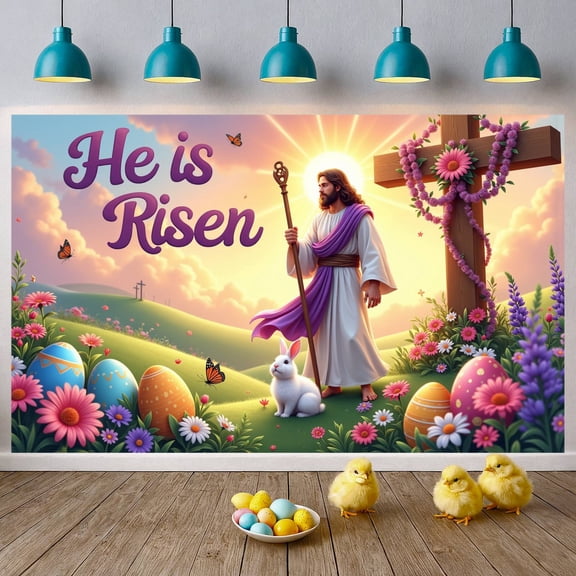 Wooden Cross He is Risen Banner Purple Drape Resurrection Display Crown of Thorns White Doves Christian Backdrop for Easter Sunday Church Service Resurrection Celebration