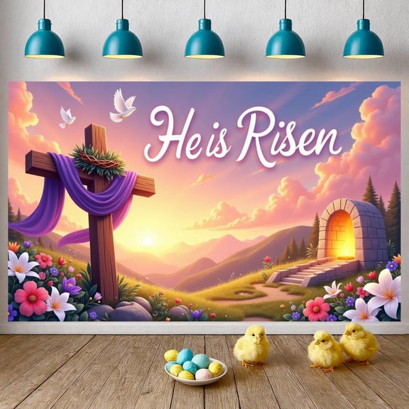 Wooden Cross He is Risen Banner Purple Drape Resurrection Display Crown of Thorns White Doves Christian Backdrop for Easter Sunday Church Service Resurrection Celebration