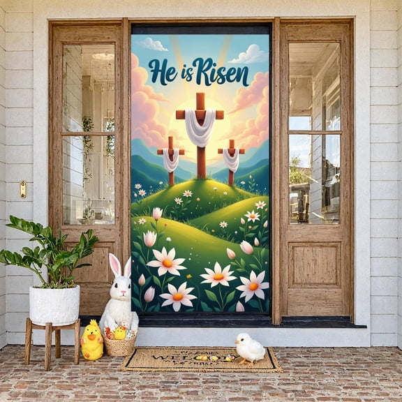 Wooden Cross He is Risen Banner White Shroud Resurrection Display Sunrise Clouds Green Grass Cross Backdrop for Easter Celebration Church Events Religious Gatherings