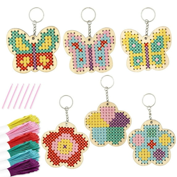 Wooden Cross Stitch Kits for Kids Make Your Own 6 Cross Stitching Keyrings Girls