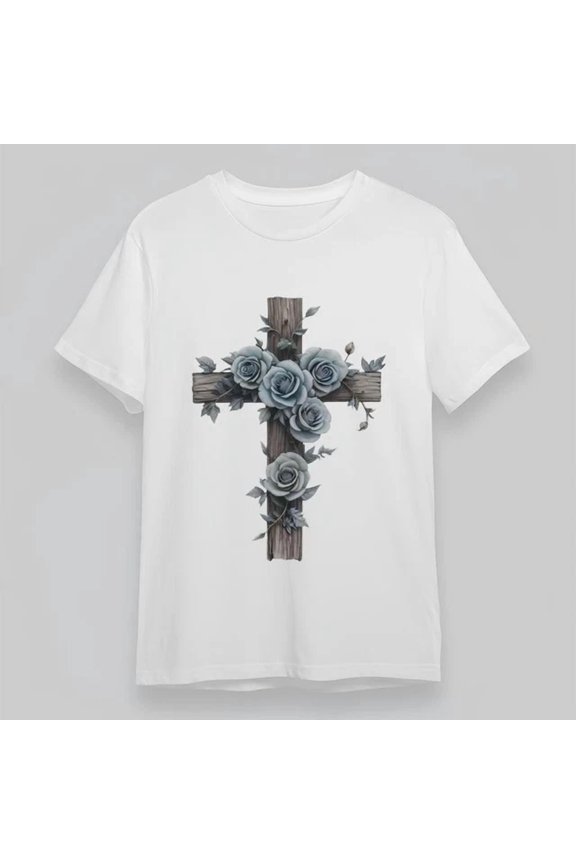 Wooden Cross With Lavender Roses Leaves Graphic Tee