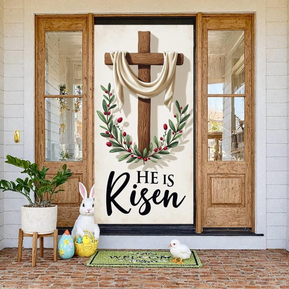 Wooden Crucifix Resurrection Banner White Fabric Easter Display Green Leaves Red Berries Christian Backdrop for Easter Celebration Church Events Religious Gatherings