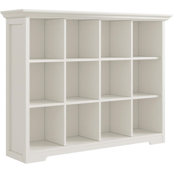 Wooden Cube Bookcase with Base - Modern 3 Tiers Floor Standing Open Shelf Cabinet for Home and Office, 12-Cube Lattice Bookshelf, Warm White