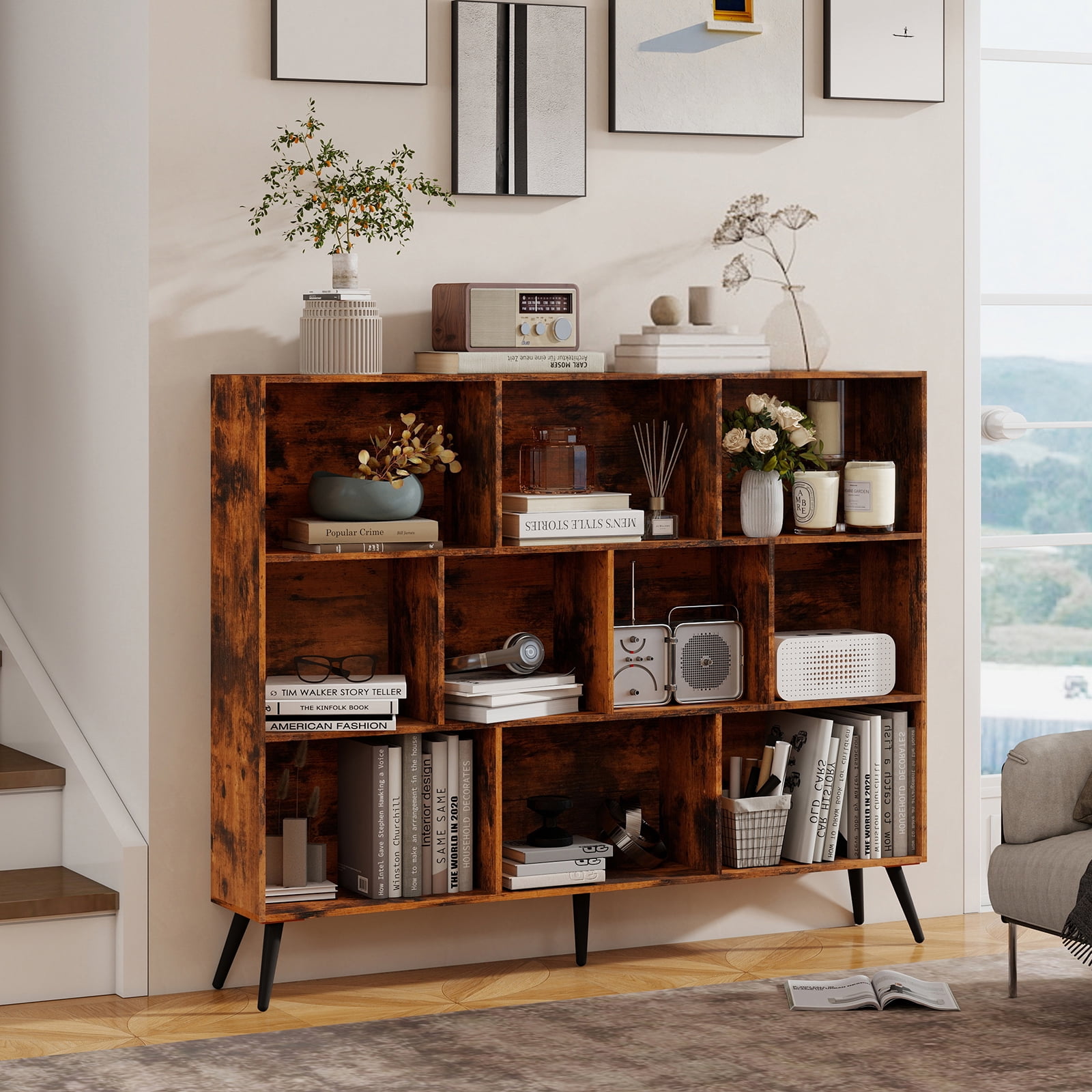 Wooden Cube Bookshelf,Mid-Century Modern 3-Tier Bookcase with Legs,Retro Wood Bookshelves Storage Organizer Shelf,Freestanding Open Book Shelves for Bedroom,Living Room,Office