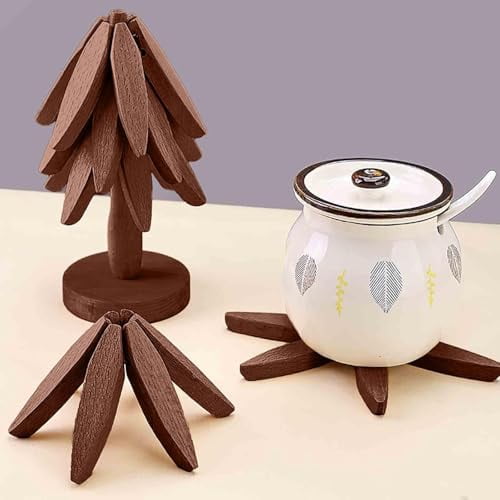 Wooden Cup Coaster SetTree Shape Trivet Set,Tree Coasters- 4 Wooden Trivets + 1 Stand stored for hot Dish/Pot/Bowl/teapot/hot Pot Set (Brown)