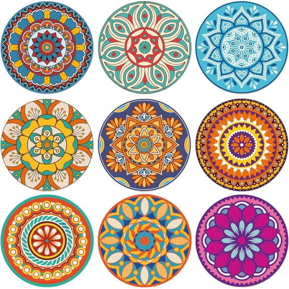 Wooden Cup Mats Set Printed Coasters Flat Round with Mandala Pattern Mixed Color 100x5mm 9 style 1 pc/style 9pcs/set