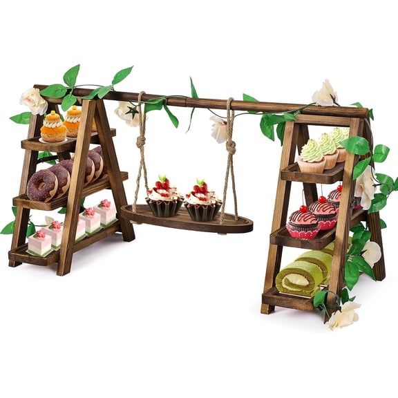 Wooden Cupcake Stand,3 Tier Cake Stands Party Food Display Serving Platter Tray Ladder Stand with Swing and Flower Decor,Rustic Dessert Table Display Set for Cake Fruit Donut Snack Cookie