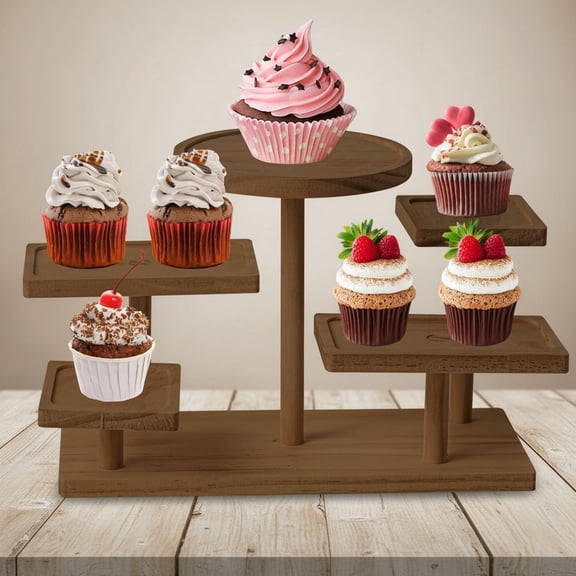 Wooden Cupcake Stand, Farmhouse Dessert Display Stands, Rustic Tiered Tray Cupcake Tower Table Display Rack for Wedding, Birthday, Graduation, Tea Party and Coffee Break (Walnut)