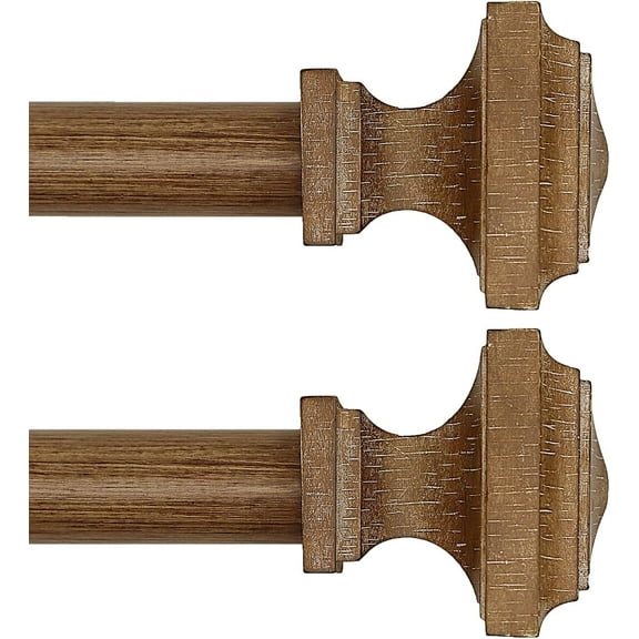 Wooden Curtain Rods for Windows 66-120 inches Curtain Rod Diameter 1 Inch, Wood Decorative Treatment Single Window Curtain Rods - Square Imitation Wood Grain Finial 2 Pack