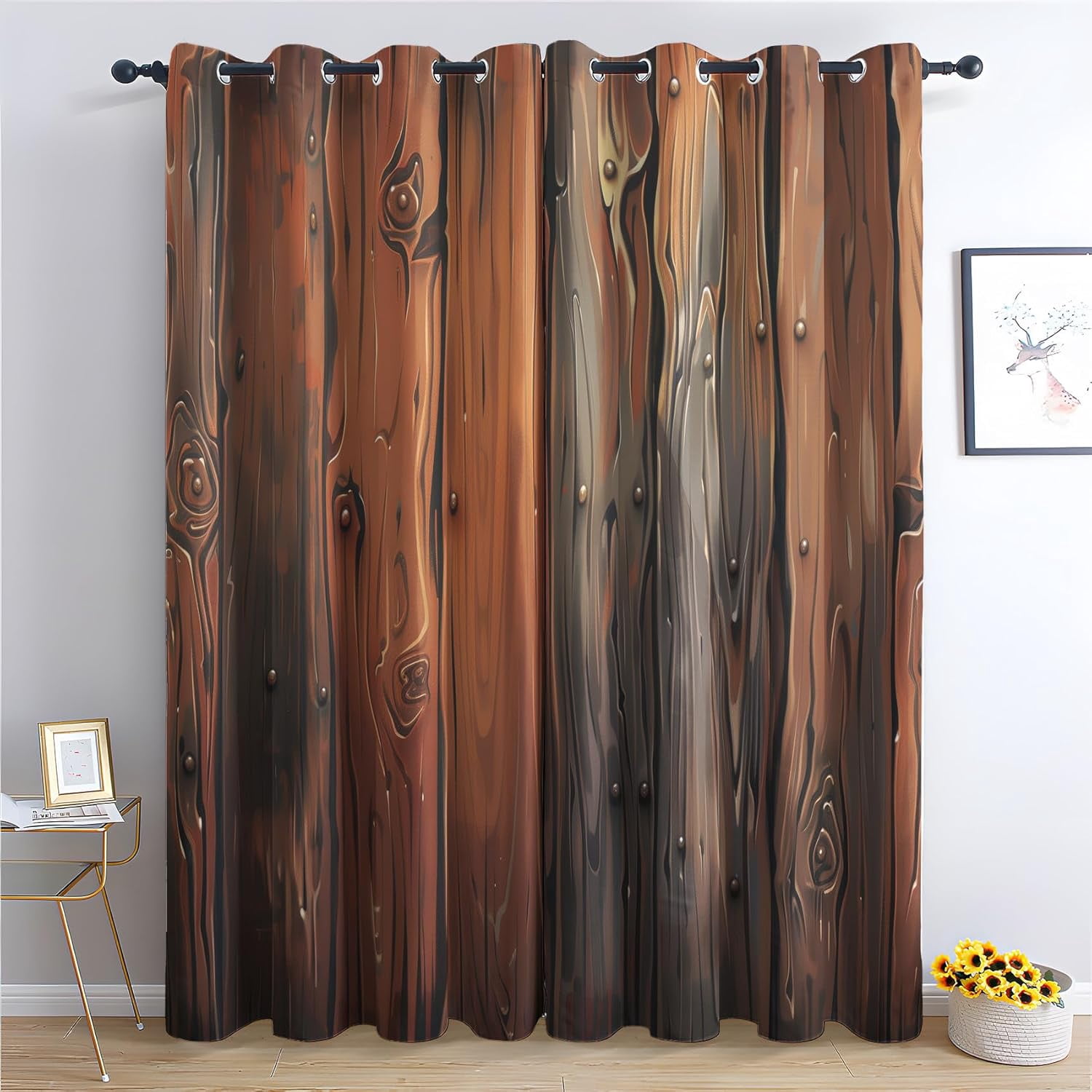 LB Rustic Barn Door Window Curtain Panels,Vintage Wooden Farmhouse Brown Wood Window Curtain For Kitchen Living Room Bedroom Bathroom Blackout Window Treatment Drapes 2 Panels,52 X 63 Inches - View #6