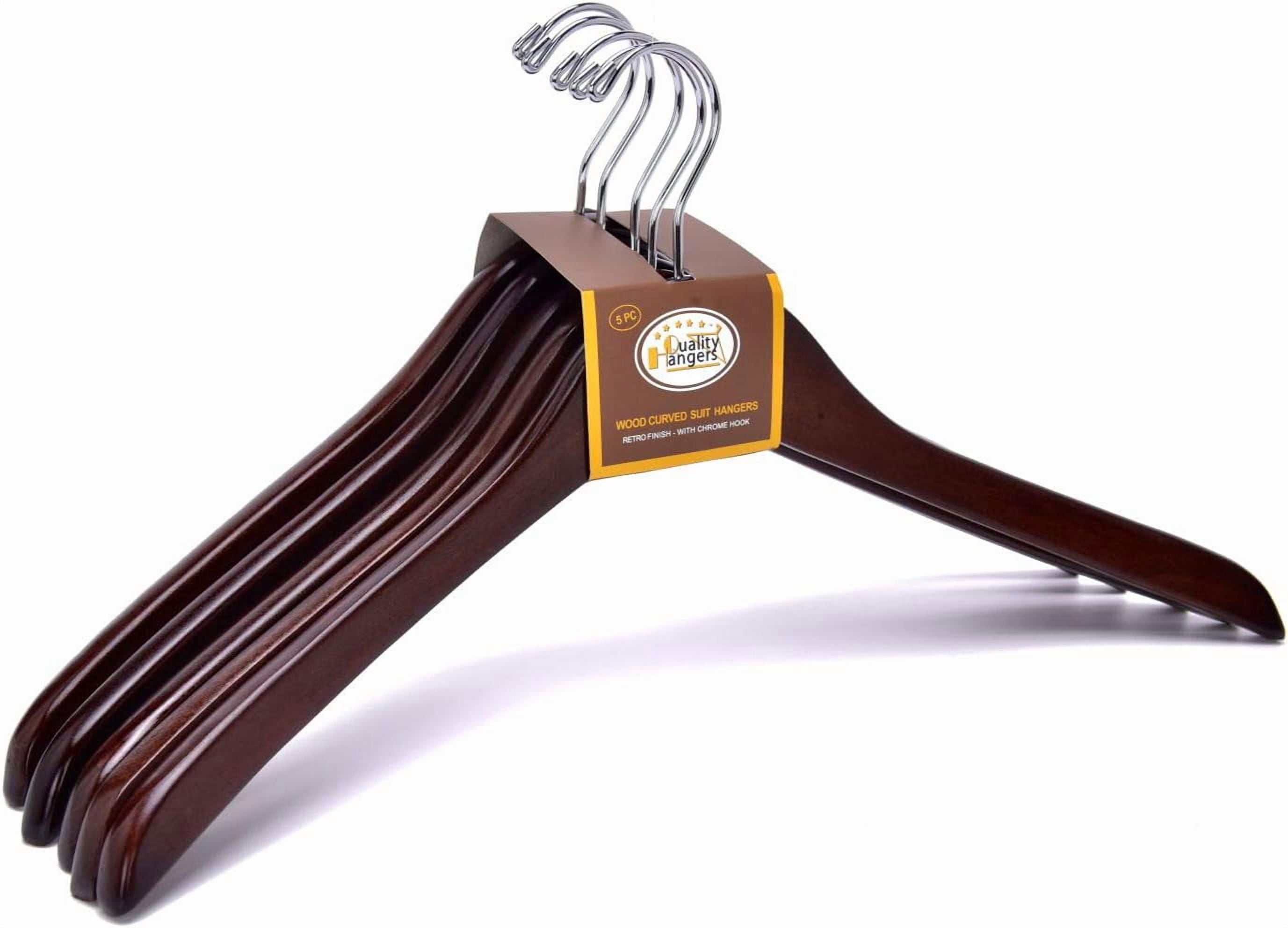 Wooden Curved Coat Hangers - Smooth Solid Wood Pants Hanger With Chrome Swivel Hook - Perfect for Suits and Jackets - Walnut - 5 Pack