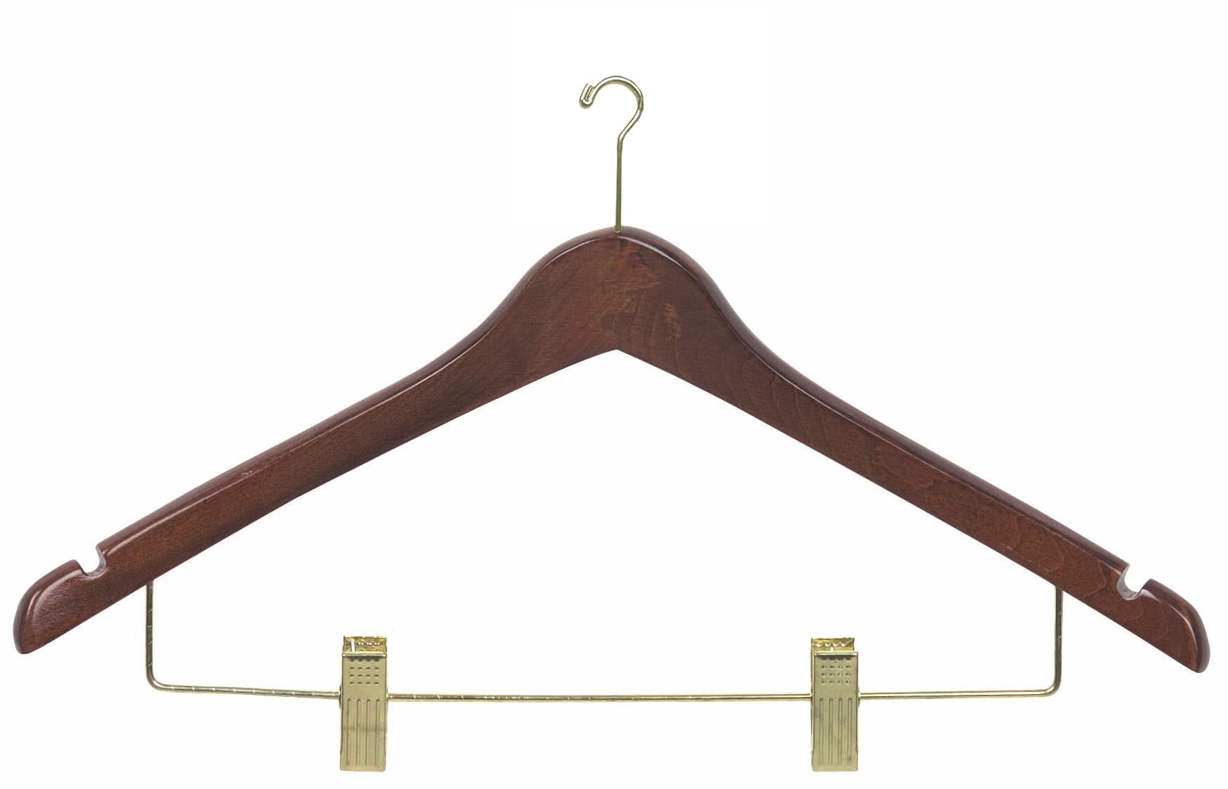Wooden Curved Combo Hanger with Anti-Theft P-Nail Hook, Walnut Finish with Brass Hardware, Box of 100