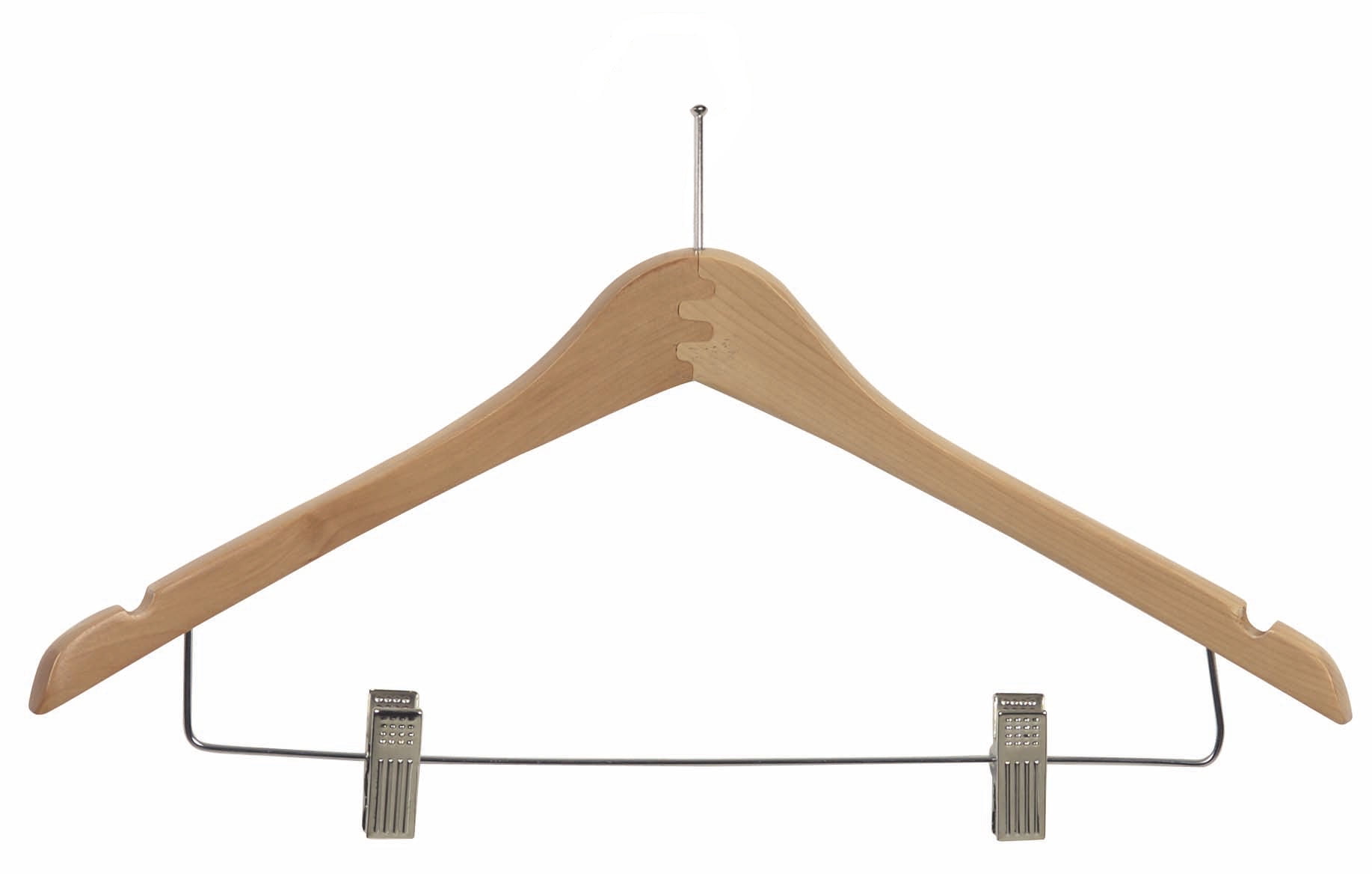 Wooden Curved Combo Hanger with Anti-Theft P-Nail Hook and Clips, Natural Finish with Chrome Hardware, Box of 50