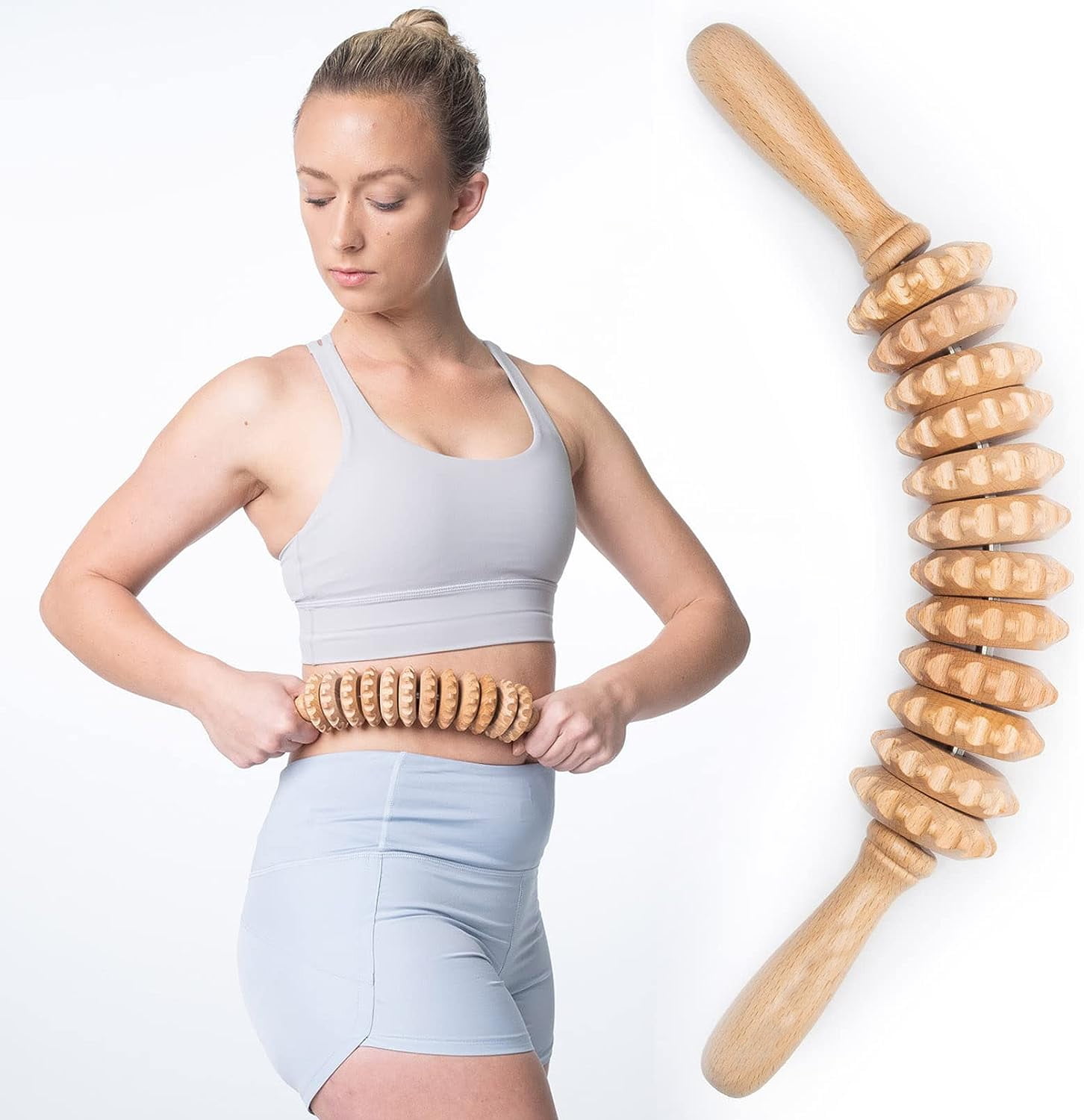 Wooden Curved Massager Handheld Roller Stick, 12 Rollers Trigger Point