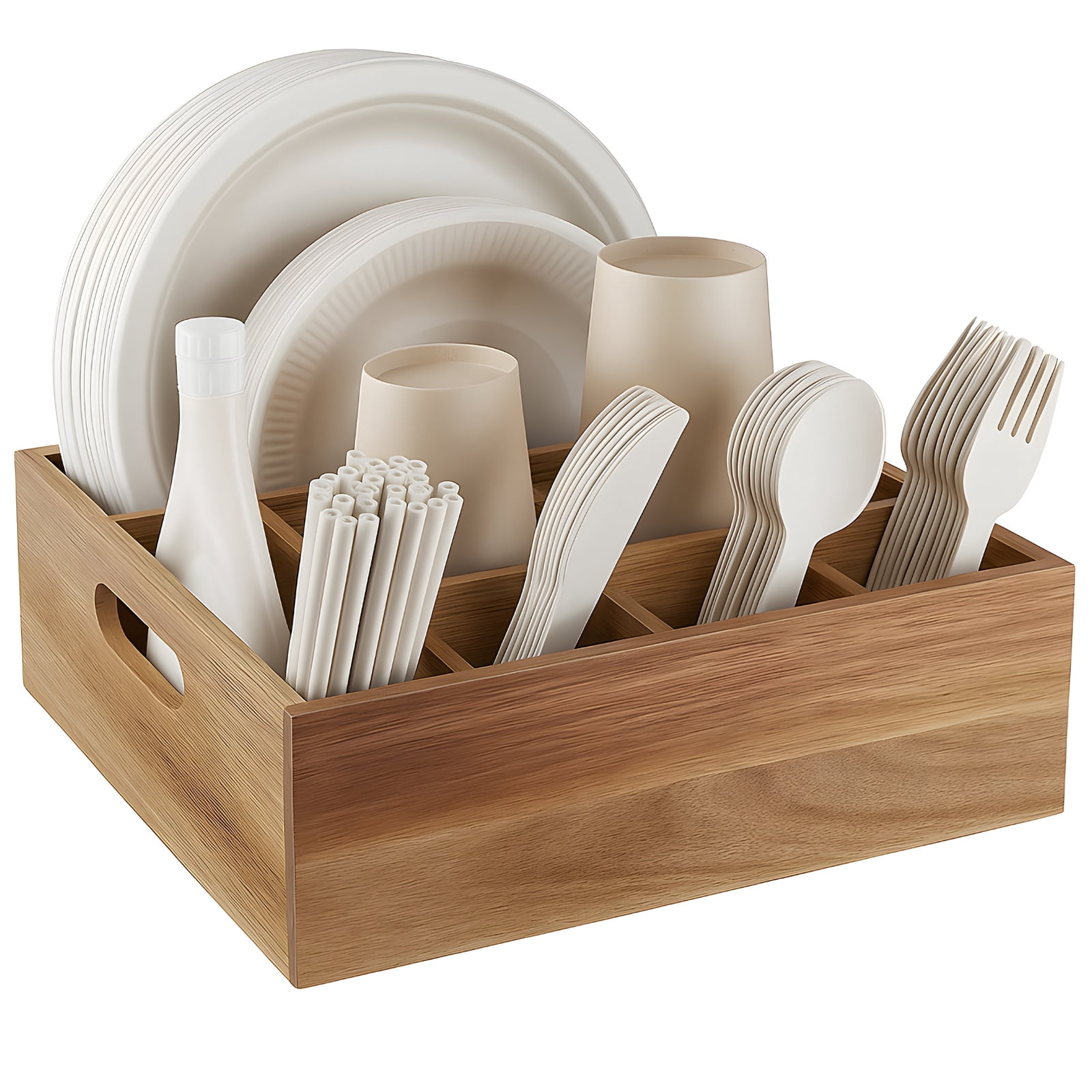 Wooden Cutlery Holder for Dining Table, Multiple Compartments Organizer Box, Ideal for Parties, Picnic, and Home Use, Features Handles for Easy Movement 11"x10.5"x3.7"