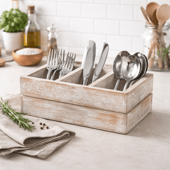 Wooden Cutlery Holder Organizer, White Wash Mango Wood Utensil Caddy with Compartments, Rustic Farmhouse Flatware Storage Box for Kitchen Counter, Dining Table & Home Dcor