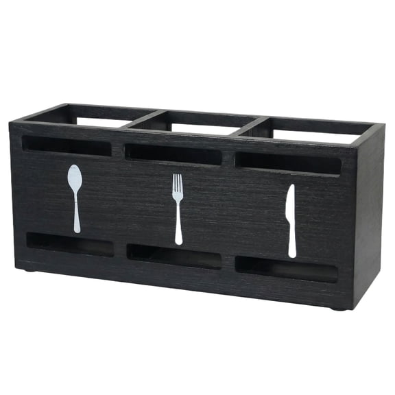 Wooden Cutlery Organizer - Black Utensil Holder with Compartments for Forks Knives Spoons, Compact Design for Kitchen Countertops Dining Tables, Easy-to-Carry with Handles for Home Restaurant Use