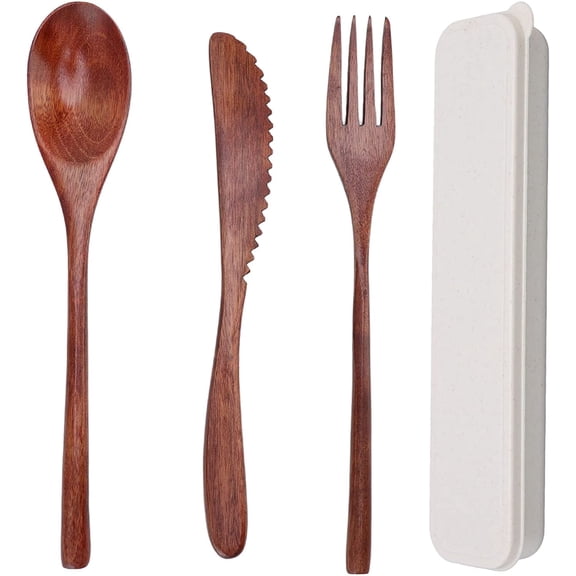 Wooden Cutlery Set 3 Pieces Nanmu Spoon Fork Knife Reusable With Travel Case