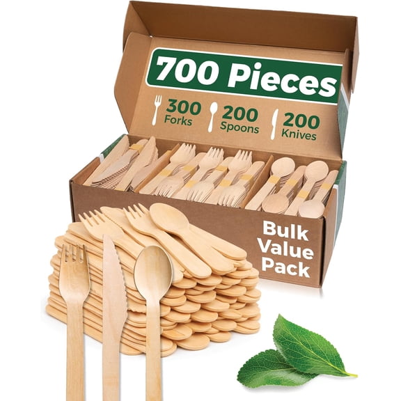 Wooden Cutlery Set Disposable Wooden Silverware Compostable Cutlery Set for Events Parties Catering and Everyday Use 700 Piece Bulk Pack