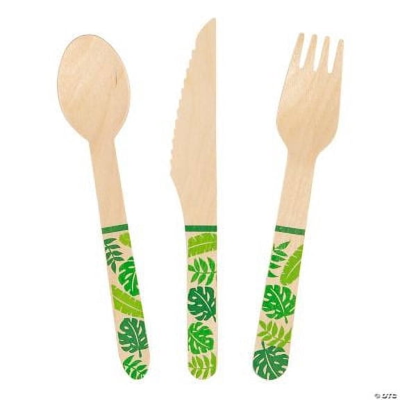 Wooden Cutlery Set with Tropical Leaf Design Handles, Luau, Party Supplies, 24 Pcs