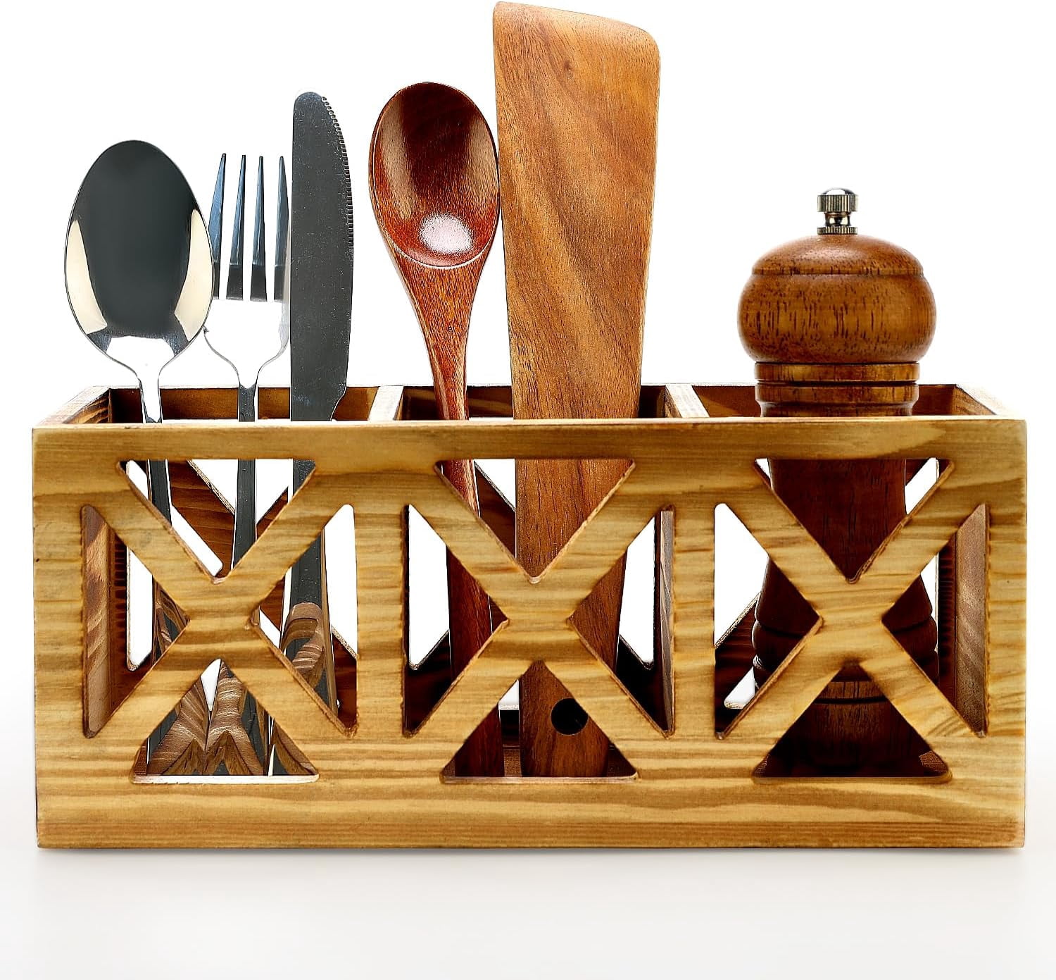 Silverware Container For Counter Wooden Cutlery Silverware Holder Flatware Caddy Wood Utensil Organizer ...