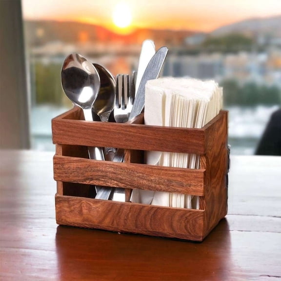 Wooden Cutlery Spoon Holder Rack For Kitchen Brown Wood Organizer Stand, Cutlery Stand