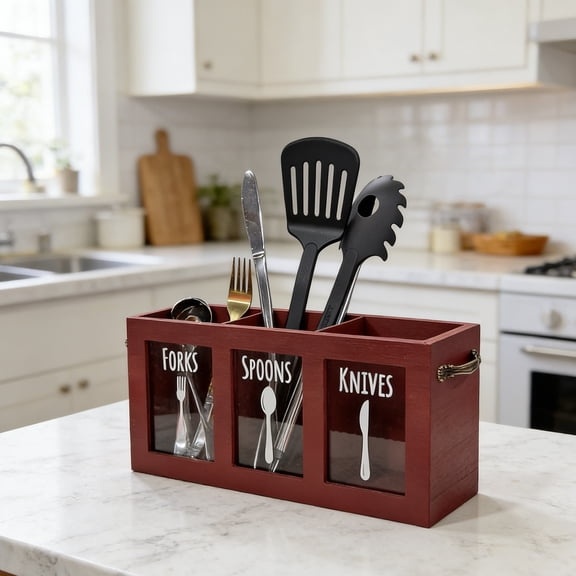 Wooden Cutlery Storage Box, 3 Section Organizer with Labeled Clear Windows, Metal Handle Utensil Caddy for Kitchen, Dining Room, Countertop Organization