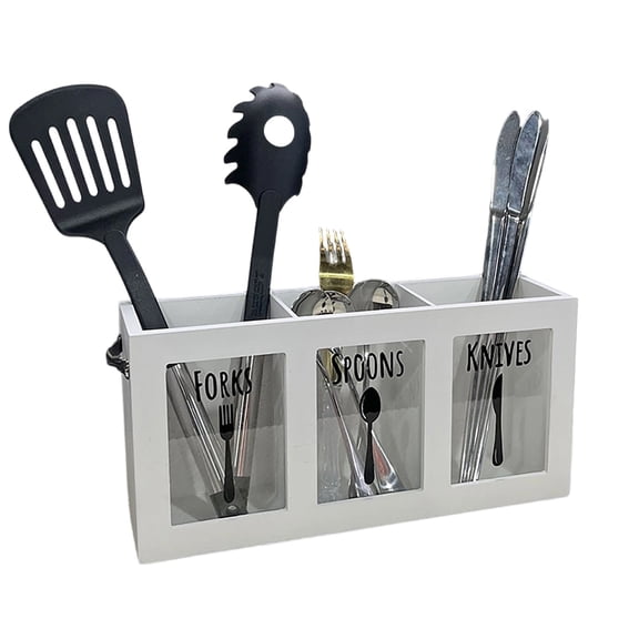 Wooden Cutlery Storage Organizer Box, 3 Compartment Kitchen Utensil Holder, Tabletop Spoon Fork Knife Caddy, Clear Window Dining Storage Container, Portable Kitchen Dining Organizer Box