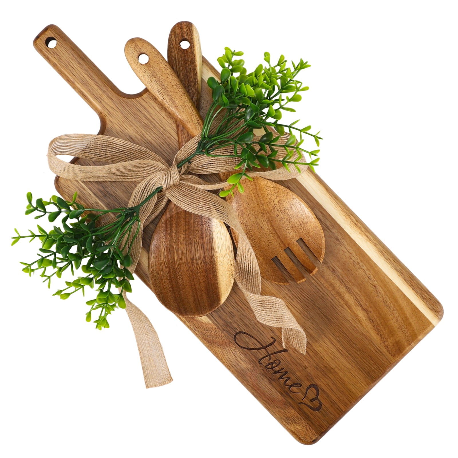 Wooden Cutting Board Set, Solid Wood Chopping & Serving Board with Salad Spoon & Fork, Decorative Kitchen Platter for Housewarming, Wedding, New Home or Family Kitchen Essential