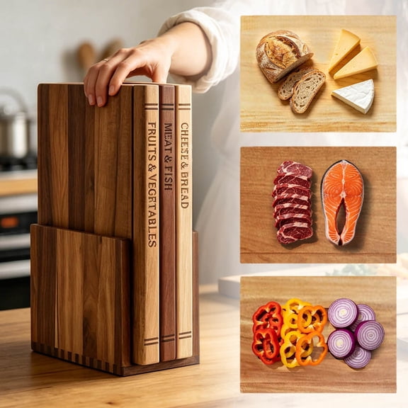 Wooden Cutting Board Set With Storage Stand Book Design Chopping Board For Meat Vegetable Fruit Seafood Prep (13.4*9.8 Inches)