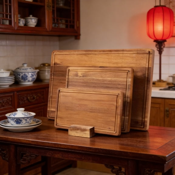 Wooden Cutting Board Set with Stand, 3 Piece Chopping Boards for Meat, Bread, Cheese