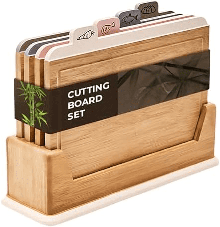 Wooden Cutting Boards for Kitchen – 5-Pcs Cutting Board Set with Holder – Natural Bamboo Chopping Board with Juice Groove – Ideal for Vegetables, Meat, Fish, Bread.