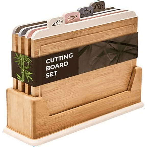 Wooden Cutting Boards for Kitchen 5-Pcs Cutting Board Set with Holder Natural Bamboo Chopping Board with Juice Groove Ideal for Vegetables, Meat, Fish, Bread.