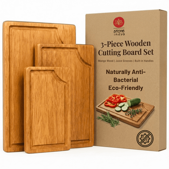 3-Piece Wooden Cutting Board Set with Juice Grooves, Mango Wood Chopping Boards for Kitchen Prep and Charcuterie Serving, Eco Friendly Multi Size Cutting Boards with Built-in Handles (Natural)