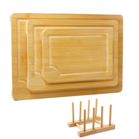 TickJOY Nature Bamboo Cutting Boards for Kitchen with Wood Storage Stand, Reversible Charcuterie & Chopping Boards with Juice Grooves and Bulit-in Handles