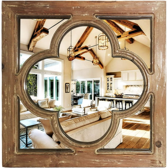 Wooden Décor Square Wall Mirror, 18in Farmhouse Wall Mirror Decorative, Window Panel Farmhouse Decor for Living Room/Bedroom, Entryway Decor, Fireplace Decor, Geometric Decor