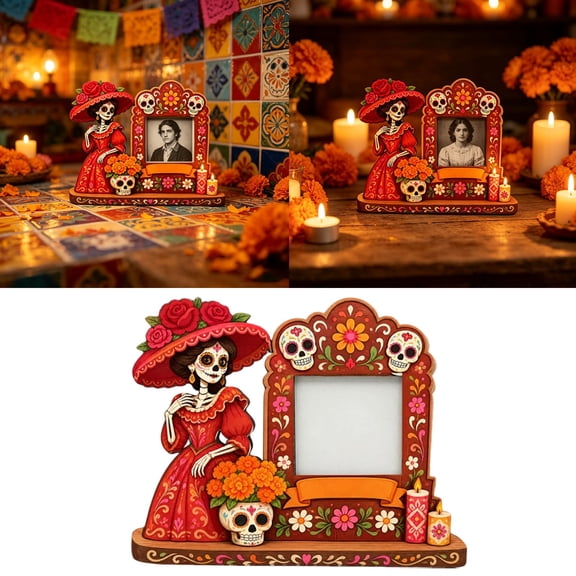 Wooden Day of The Dead Photo Holder, Floral Skeleton Mexican Lady Tabletop Picture Display For Home Altar 8.07 in