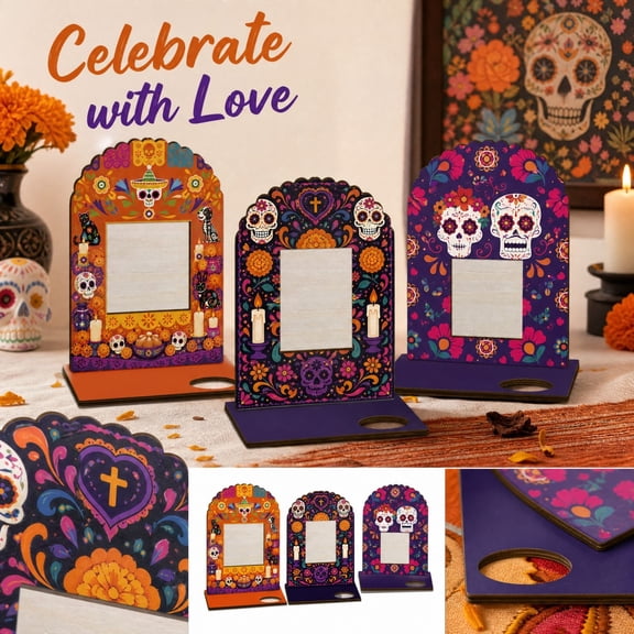Wooden Day of the Dead Picture Frames with Folk Art Skull and Floral Prints, Freestanding Tabletop Photo Holders for Seasonal Home Display, 3 Pack