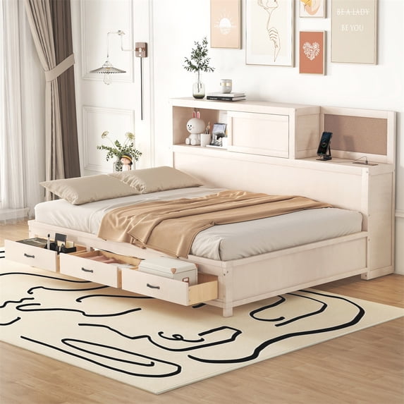 Wooden Daybed with 3 Storage Drawers and Shelves, Platform Bed Frame with Bookcase, Upper Soft Board and Sockets & USB Ports, for Bedroom Dorm Apartment, No Box Spring Needed