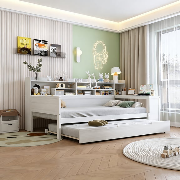 Wooden Daybed with Storage Shelves, Built-In Twin Trundle and Study Desk, Multi-Functional Bed Frame